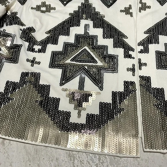 NWT Express Sequin Bronze Gold Ivory Stretch Open Drape Light Crop Blazer *S - Picture 2 of 6